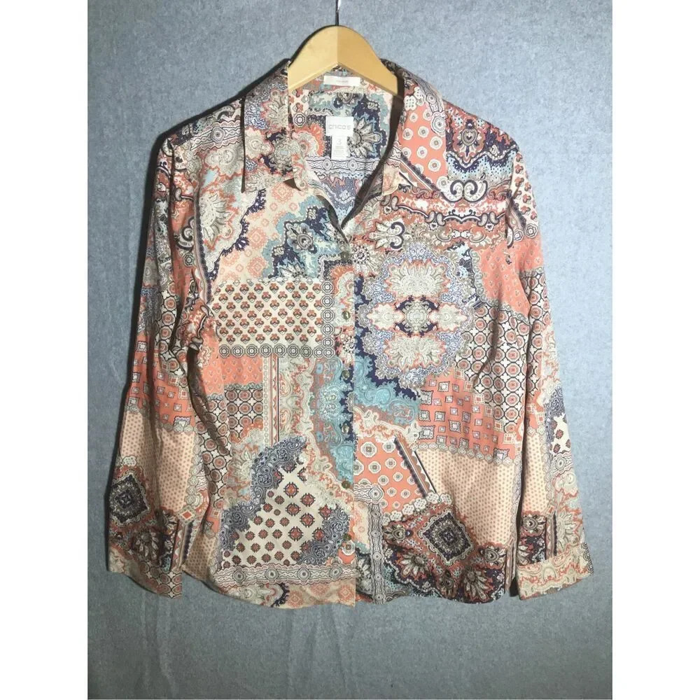 Womens Chicos Button Up Blouse Shirt Multi Pattern Pastels Cottage core No Iron